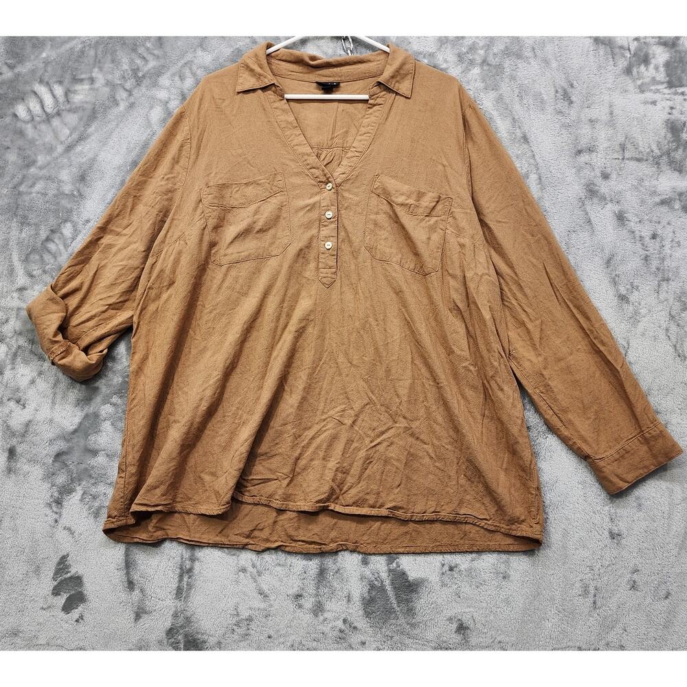 Torrid Top Womens 2 2X 18/20 Brown Linen Blend Henley Roll Tab Sleeves Casual